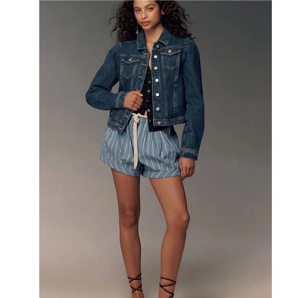 Pilcro Denim Jacket Blue Puff-Sleeve Button-Up Cropped Medium - Picture 4 of 12